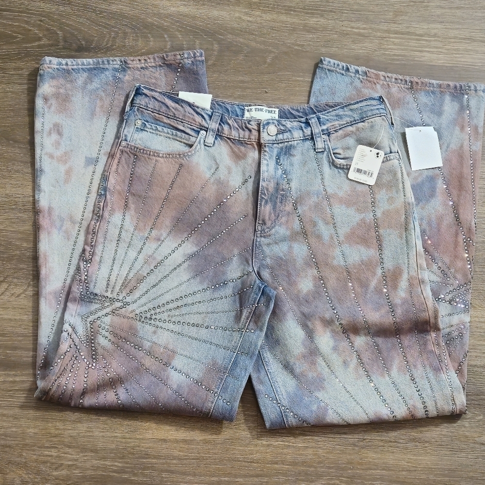 We The Free Mid-Rise Loose Straight Jeans Washed tie-dye Embellished NWT sz 27 - Picture 7 of 15